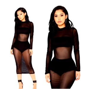 Dress midi knee fashion mesh lace black mock turtleneck long sleeves